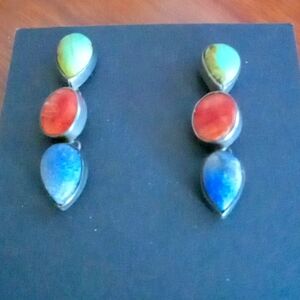 Sterling Silver Turquoise, Coral and Lapis Lazuli Earrings